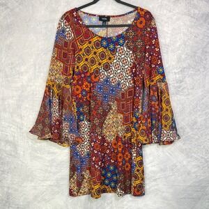 MSK Womens Patchwork Print Bell Sleeve Shift Dress Multicolor Size M Boho Artsy